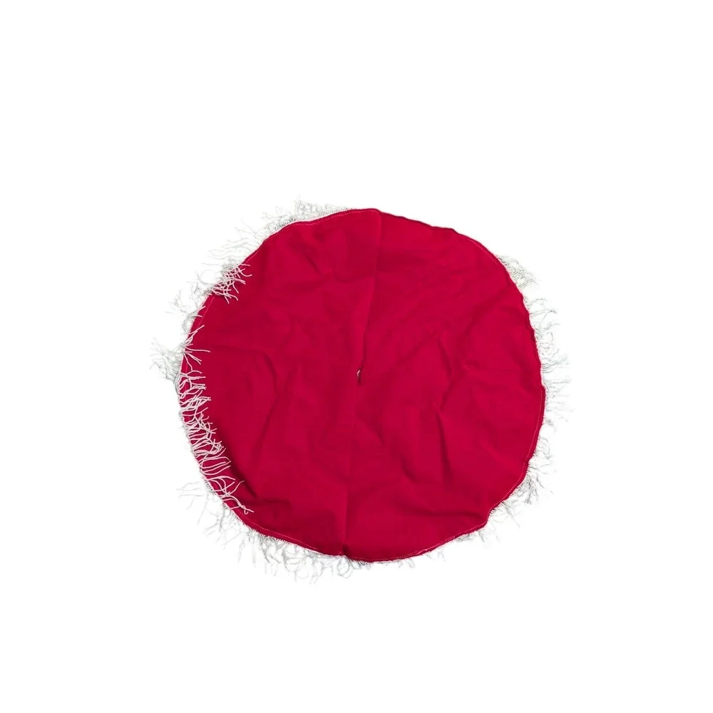 Vtg Red Fuzzy Christmas Tree Skirt with White Fringe Trim Round Holiday Decor